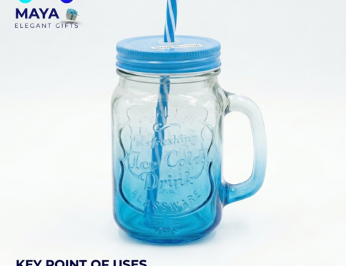 Maya Elegant Blue Gradient Glass Mason Jar Mug with Lid & Straw (450ml)